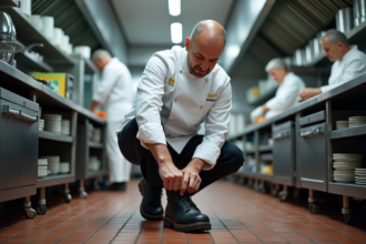Chef en uniforme ajustant ses chaussures de sécurité noires
