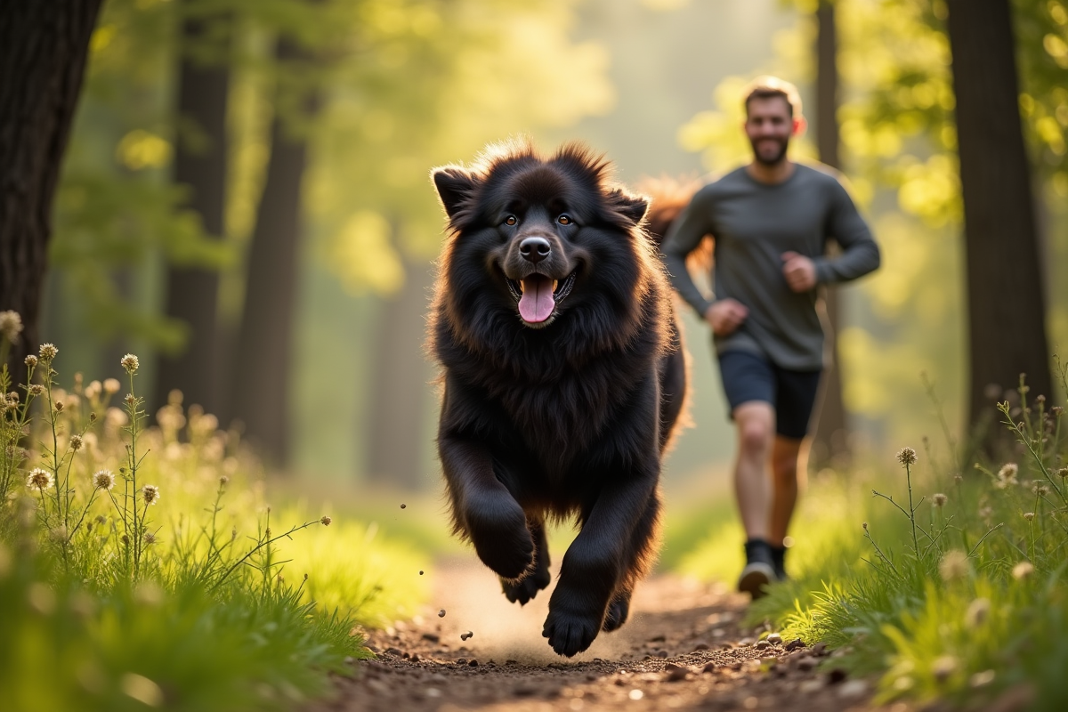 Chien Newfoundland courant dans la forêt avec son propriétaire