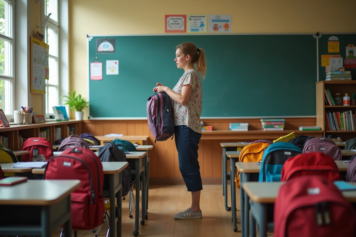 Salle de classe avec bureaux vides et professeur arrangeant des livres
