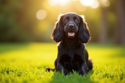 Cocker spaniel noir assis dans l'herbe ensoleillée