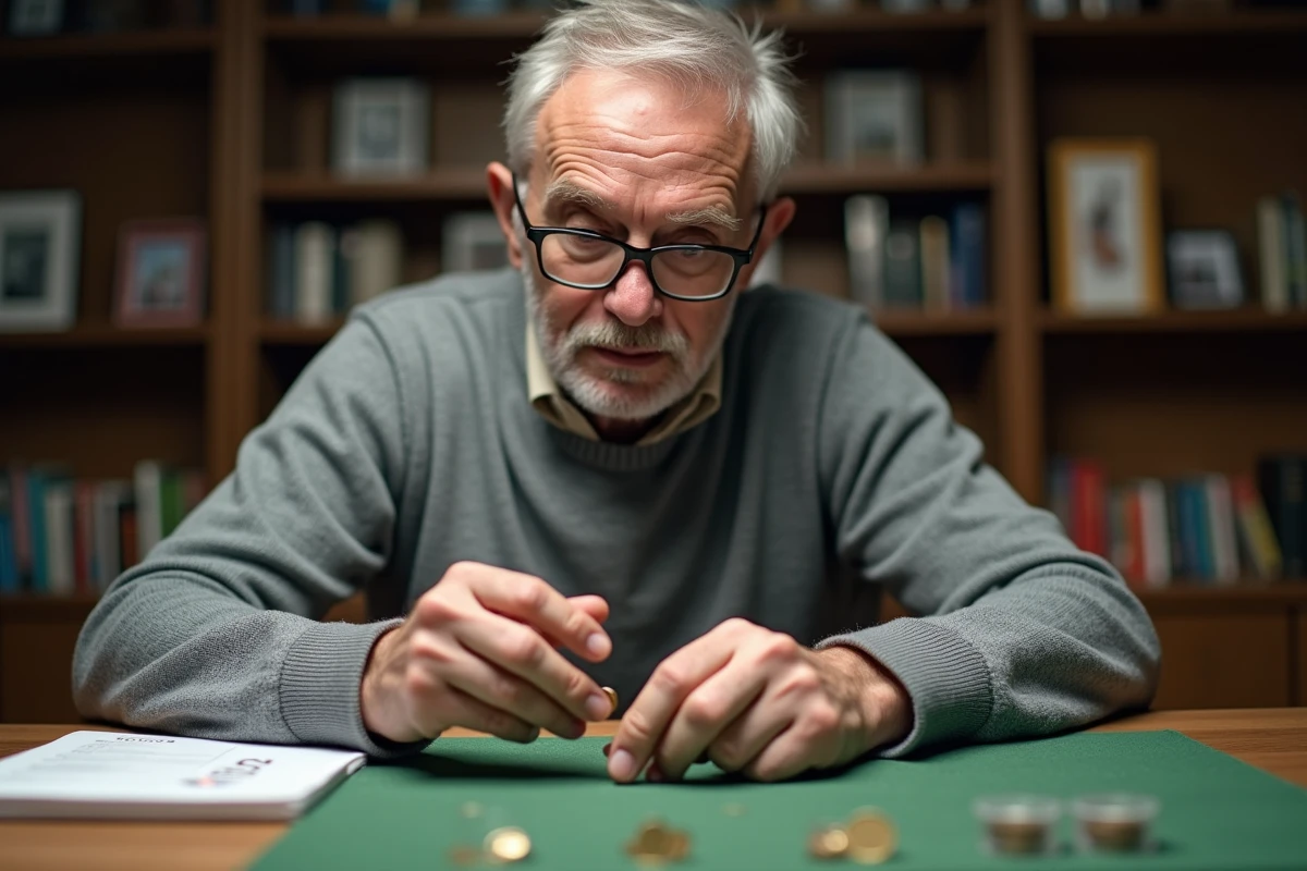 Collectionneur examinant une pièce de 2 euros rare à la loupe sur un bureau de numismate