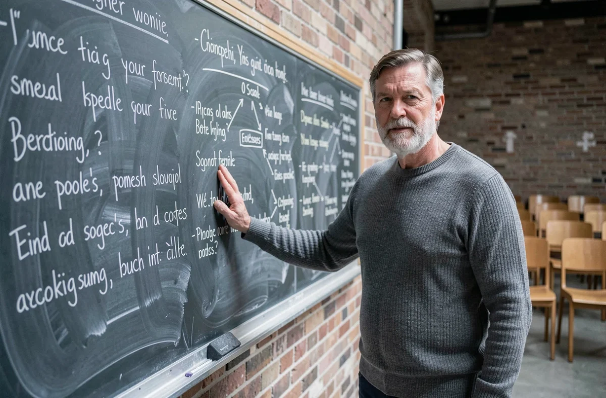 Conférencier devant un tableau noir couvert de citations philosophiques dans une salle de séminaire, illustrant l'influence d'Emerson sur le développement personnel moderne
