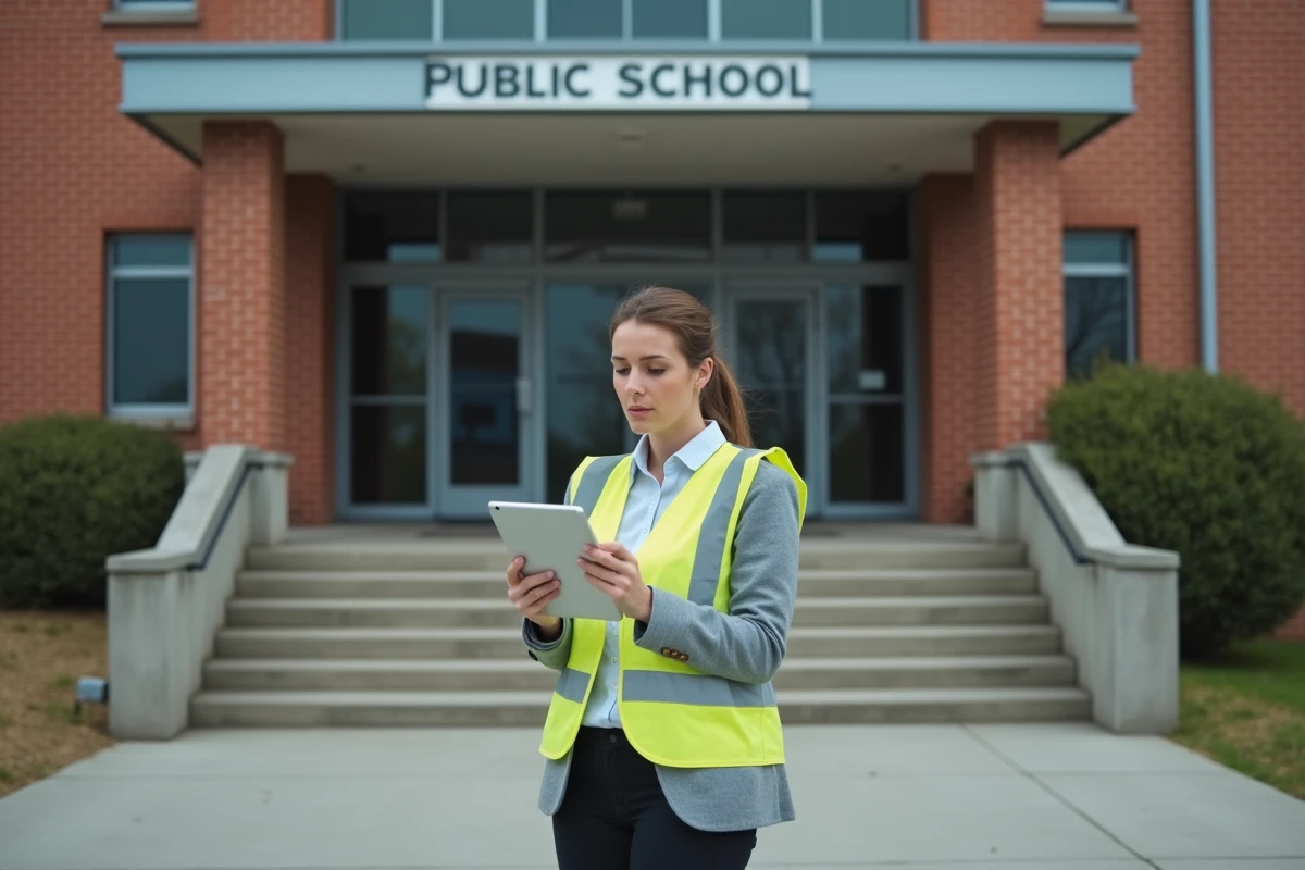 Responsable conformité consultant des documents devant l'entrée d'un établissement scolaire ERP