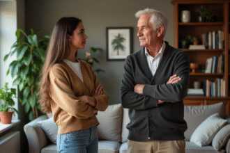 Jeune femme et homme âgé discutent dans un salon chaleureux