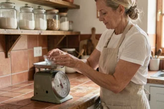 Femme pesant des ingrédients sur une balance de cuisine analogique pour convertir des grammes en kilogrammes