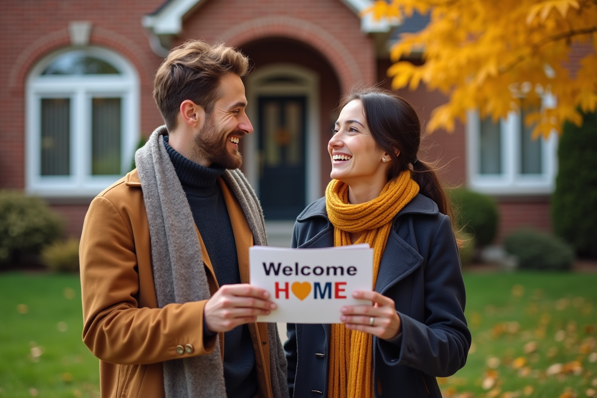 Jeune couple français devant une maison canadienne accueillante