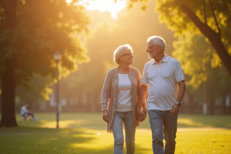 Couple d'âge moyen main dans la main dans un parc ensoleille