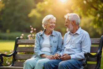 Couple senior souriant assis sur un banc dans un parc en fleurs