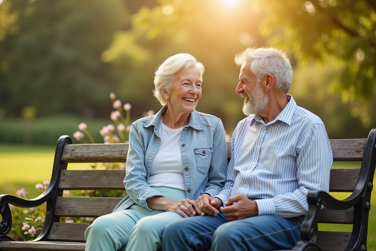 Couple senior souriant assis sur un banc dans un parc en fleurs