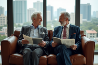 Couple retraité élégant discutant d'investissements dans un salon moderne