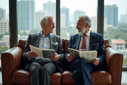 Couple retraité élégant discutant d'investissements dans un salon moderne