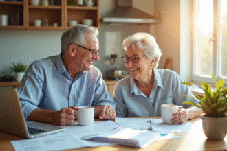 Couple retraité souriant à la cuisine avec documents et ordinateur