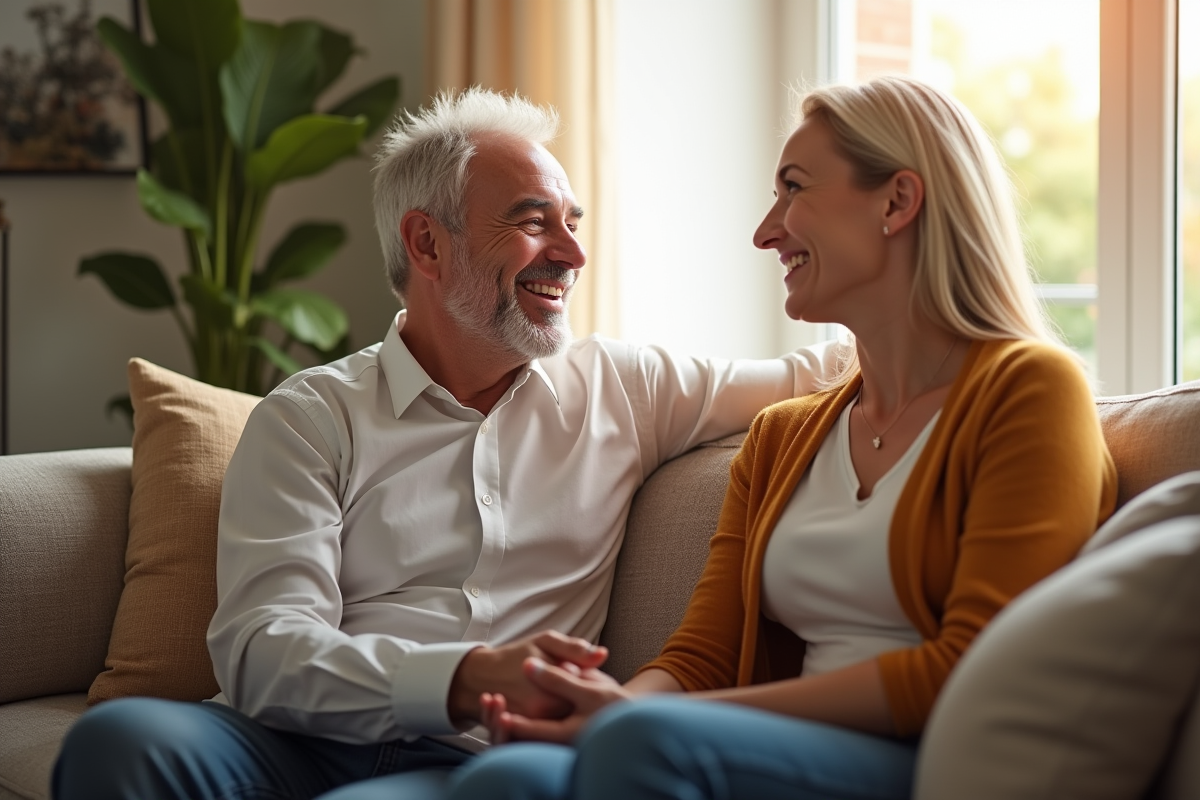 Couple mature assis sur un canapé lumineux en journée