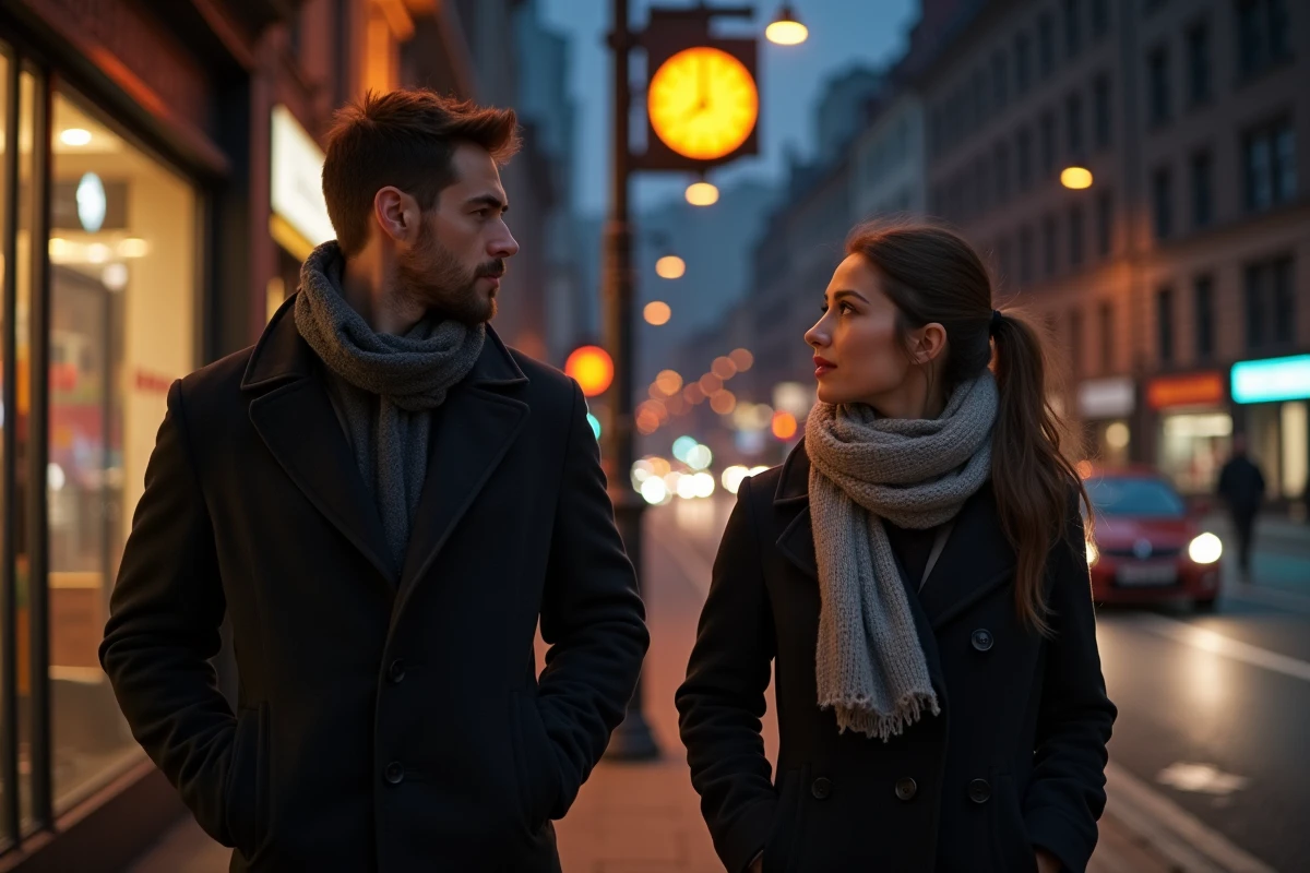 Homme et femme dans la ville la nuit regardant dans des directions opposées