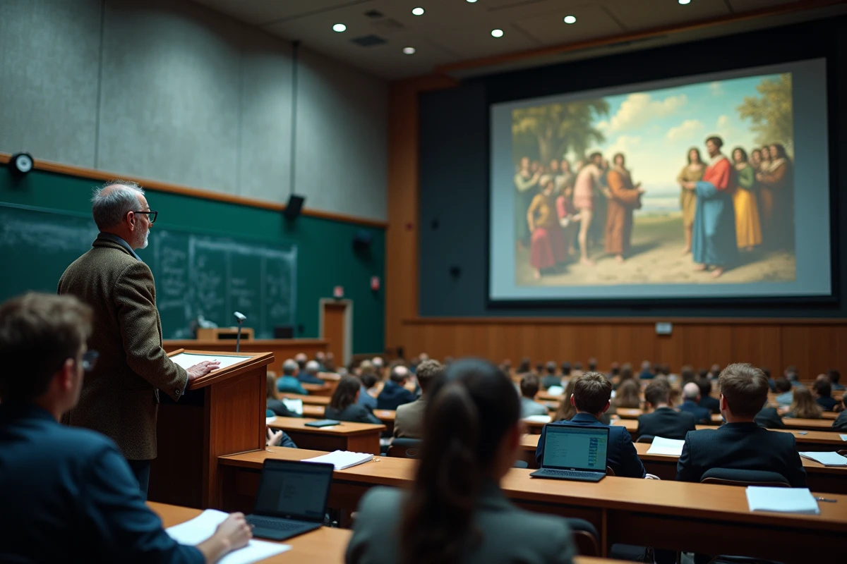 Un professeur d'université présente une reproduction projetée du tableau American Progress de John Gast devant un amphithéâtre rempli d'étudiants prenant des notes.