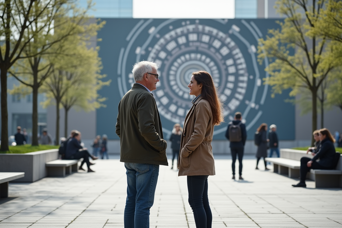 Homme et femme discutant devant une installation artistique urbaine