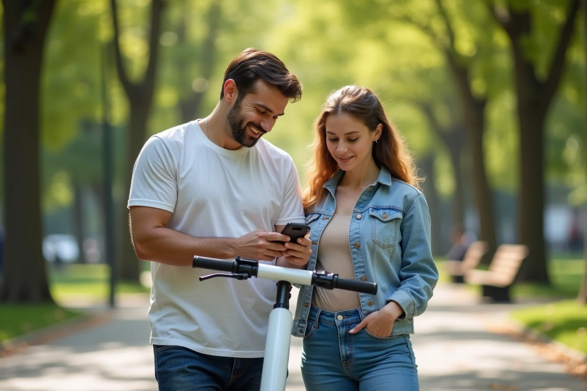 Deux adultes consultant une application smartphone pour débridage de trottinette électrique blanche dans un parc, posture décontractée et collaborative