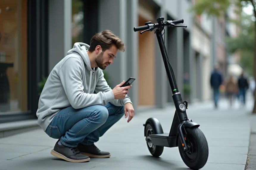 Jeune homme examinant le panneau de contrôle de sa trottinette électrique noire sur un trottoir urbain, smartphone en main pour débridage