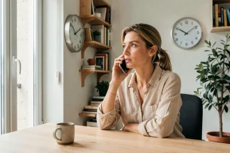 Femme dans un appartement parisien regardant l'heure sur une horloge murale tout en téléphonant, illustrant le décalage horaire entre la France et la Nouvelle-Calédonie