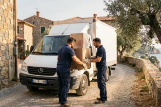 Équipe de déménageurs professionnels chargeant un camion de déménagement dans un village typique de Corse avec vue sur la Méditerranée