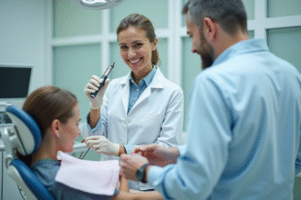Dentiste souriant dans une clinique moderne avec outils propres