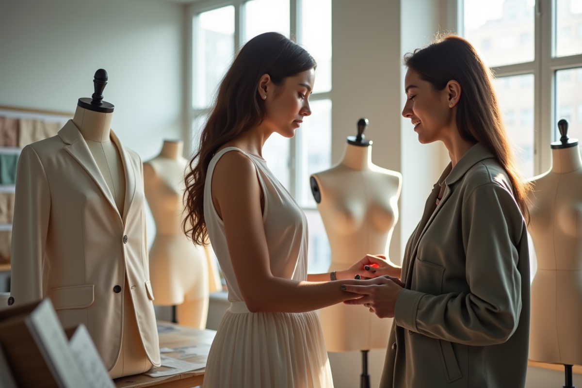 Créateur de mode ajustant un vêtement dans un atelier lumineux