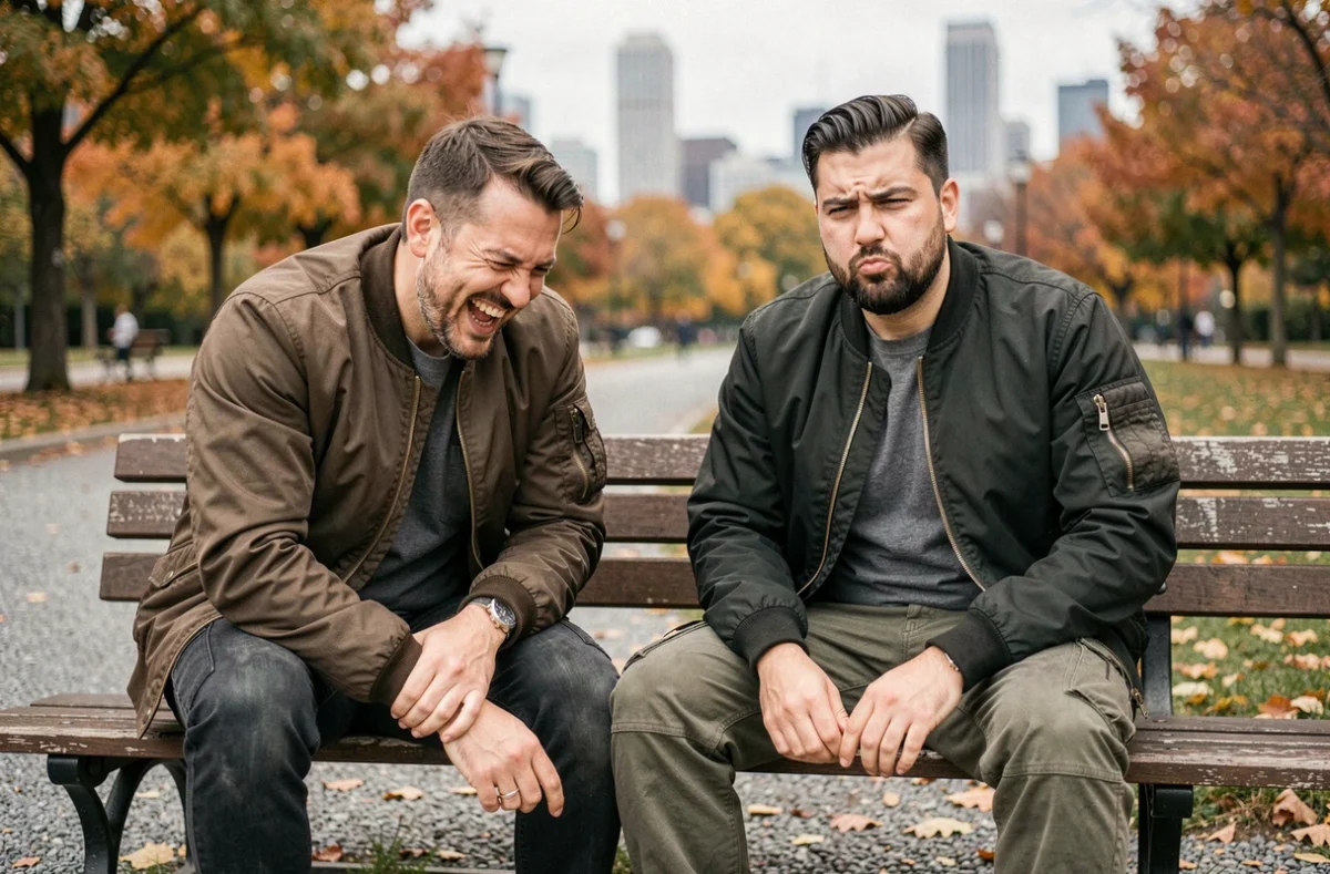 Deux amis qui se moquent ensemble d'une expression de beauf dans un parc urbain
