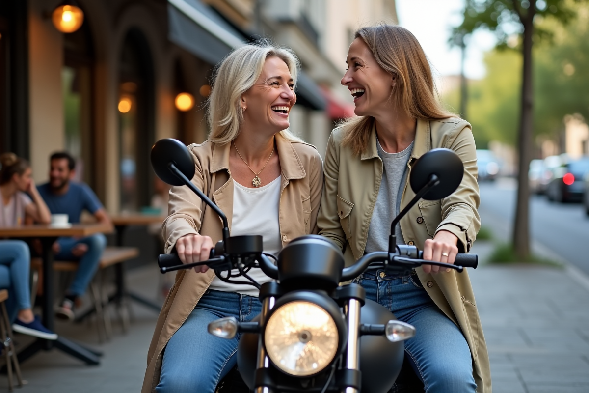 Deux femmes discutant près d une moto Avengers 125 en ville