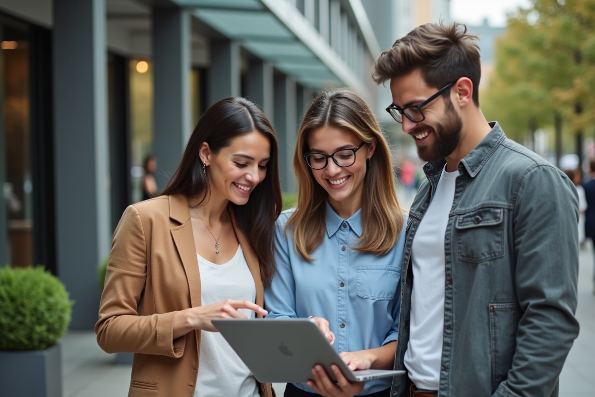 Groupe de jeunes professionnels discutant devant un bâtiment moderne