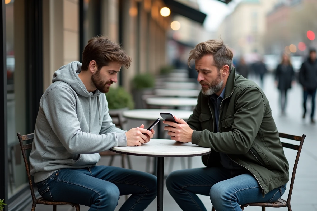 Deux hommes comparant leurs stratégies et résultats sur smartphone en terrasse de café