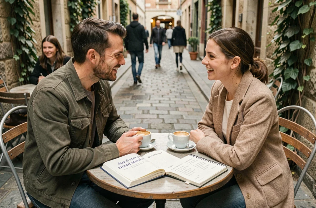 Deux personnes discutant de la traduction italienne antifasciste autour d'un livre bilingue dans un café européen