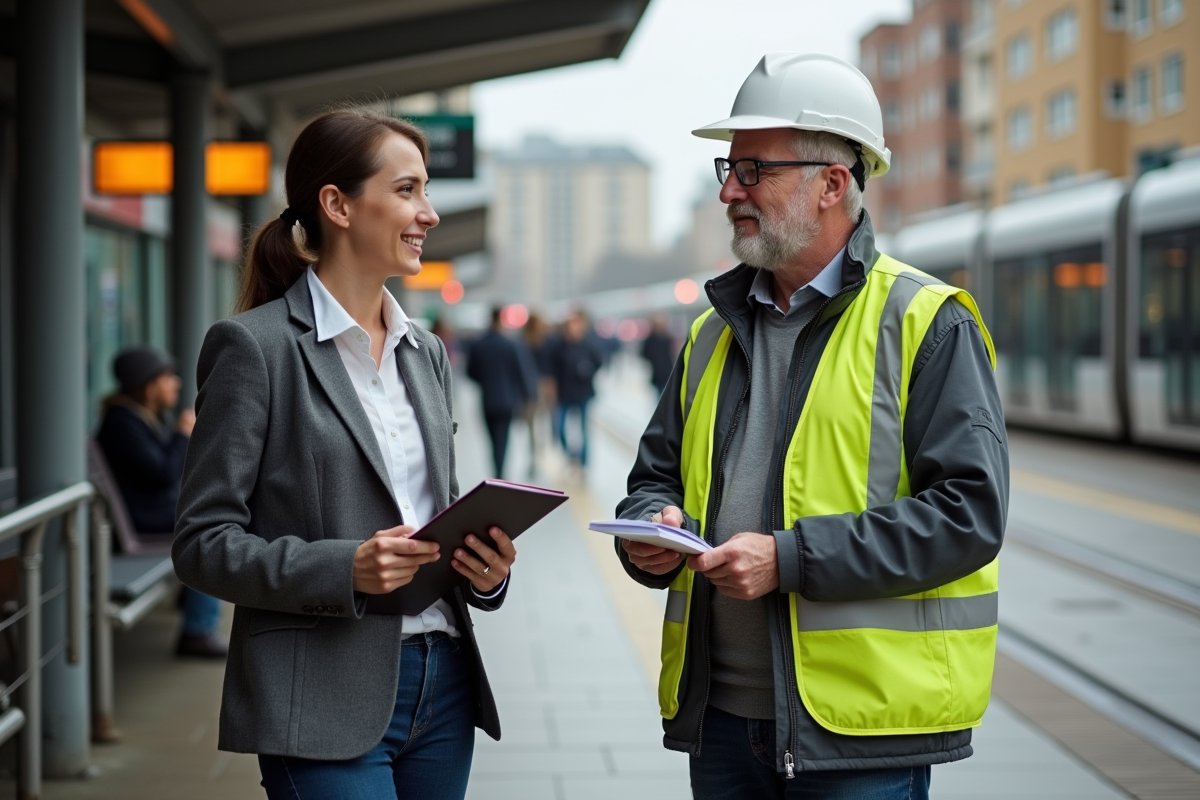 Jeune femme discutant avec un agent de transport urbain