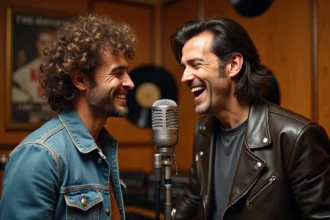 Deux chanteurs français dans un studio vintage des années 80