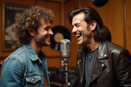 Deux chanteurs français dans un studio vintage des années 80