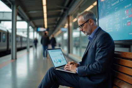 Economiste analysant des graphiques dans une gare moderne