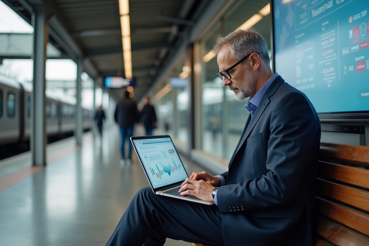Economiste analysant des graphiques dans une gare moderne