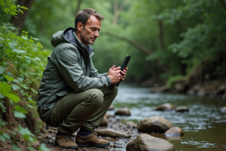 Homme écologiste avec tablette près d'une rivière verte