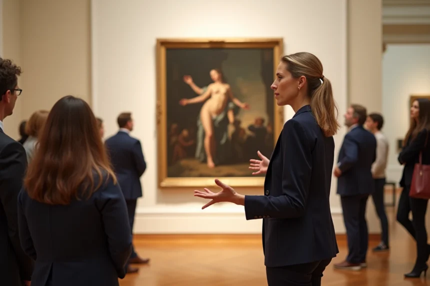 Une éducatrice de musée explique le tableau American Progress de John Gast à des visiteurs devant une grande peinture allégorique du XIXe siècle accrochée sur un mur de galerie blanc.