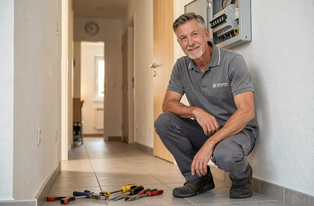 Électricien d'Electricité Heim intervenant sur un tableau électrique dans un appartement à Mulhouse
