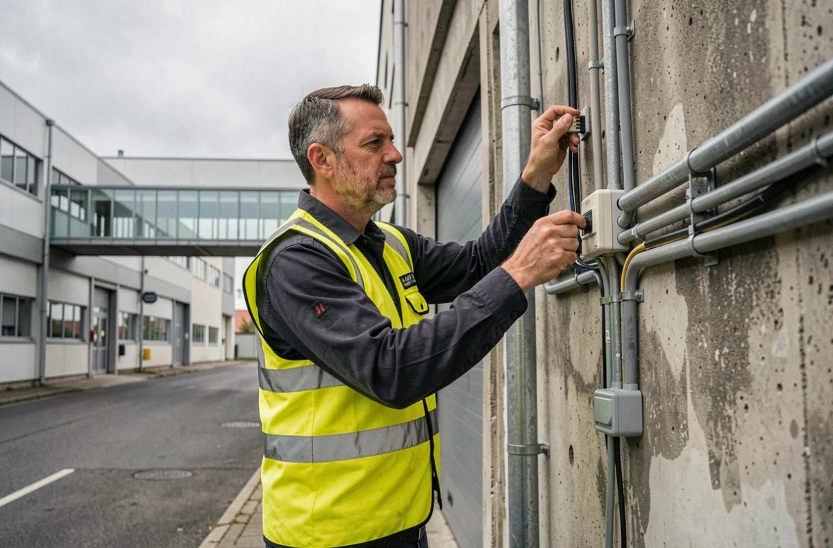 Électricien d'Electricité Porte de Bale installant des conduits électriques sur un bâtiment commercial à Mulhouse