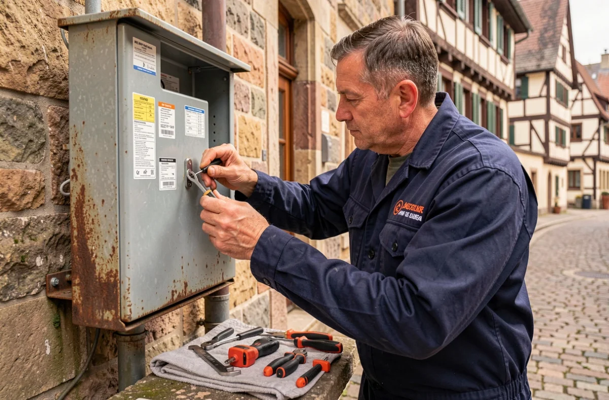 Électricien d'Electricité Venturi inspectant une armoire électrique extérieure dans une rue de Mulhouse