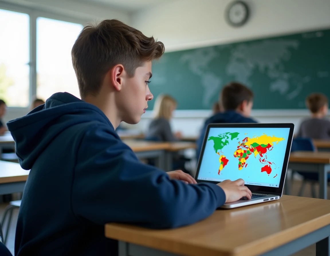 Adolescent utilisant un ordinateur portable avec une carte interactive des pays hispanophones en salle de classe