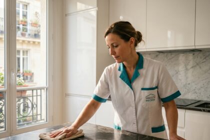 Employée de ménage professionnelle en uniforme nettoyant le plan de travail d'une cuisine moderne dans un appartement à Saint-Maur