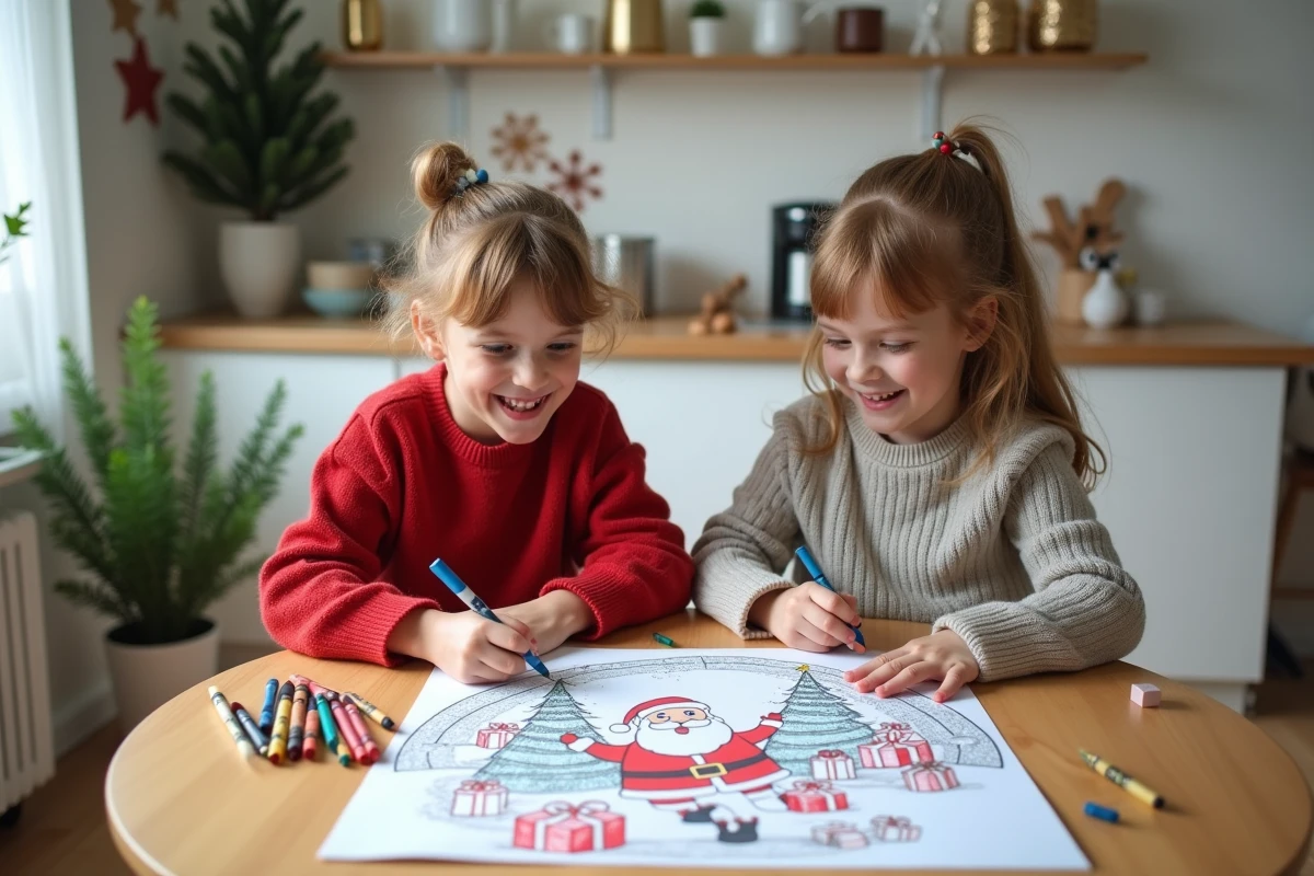 Enfants coloriant un dessin de Noël dans la cuisine