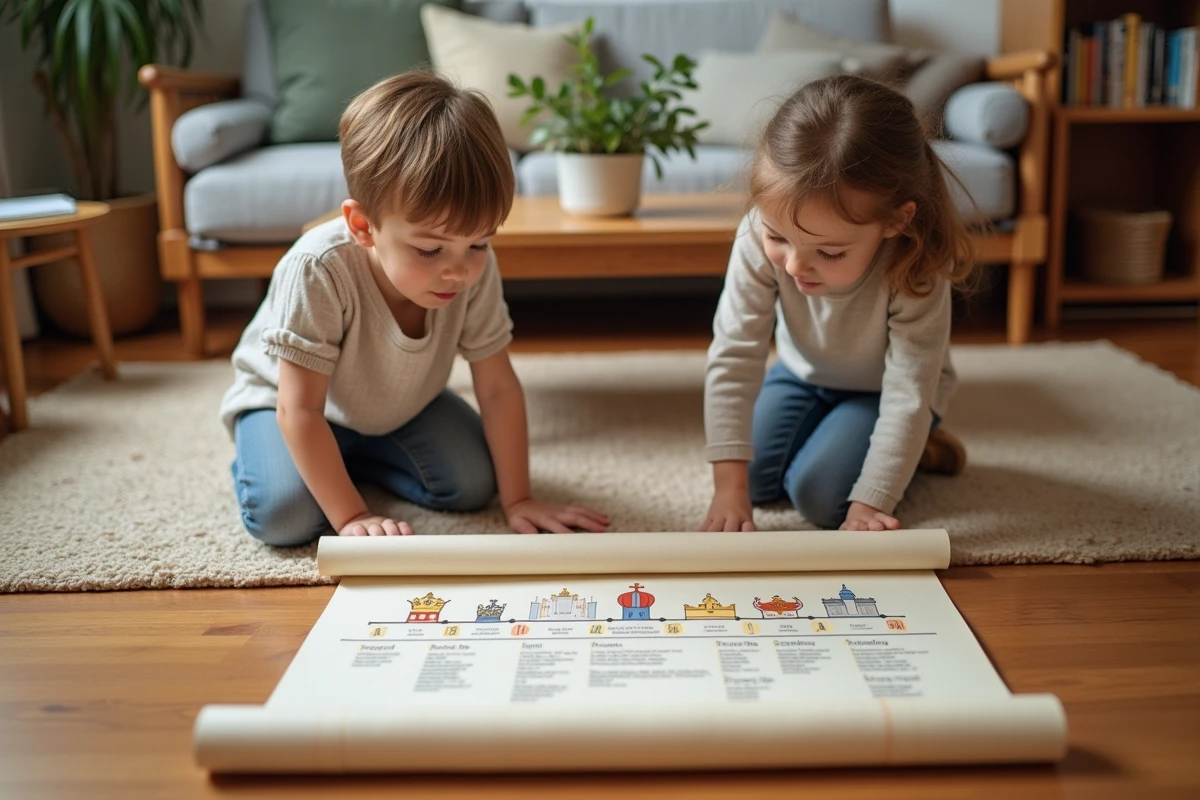 Deux enfants découvrant ensemble une grande frise illustrée des périodes historiques de la France sur le sol