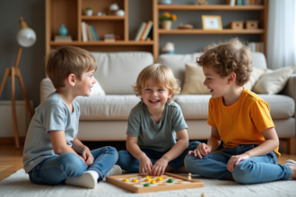 Trois enfants jouent ensemble sur un tapis dans un salon chaleureux