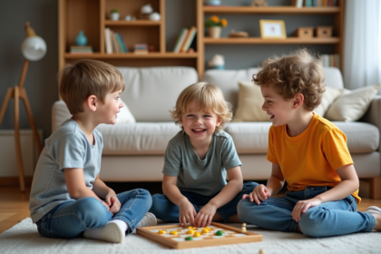 Trois enfants jouent ensemble sur un tapis dans un salon chaleureux