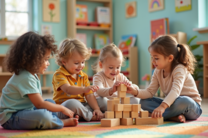 Groupe d'enfants en maternelle construisant une tour en blocs en classe