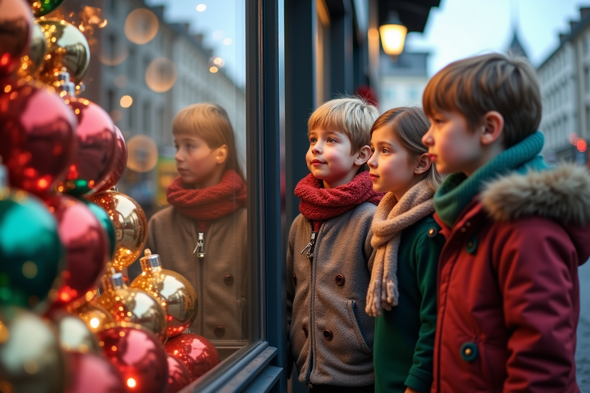 Enfants admirant des boules de Noël colorées en vitrine de magasin en ville