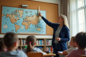 Enseignante montrant une frise chronologique des rois de France à ses élèves dans une salle de classe colorée